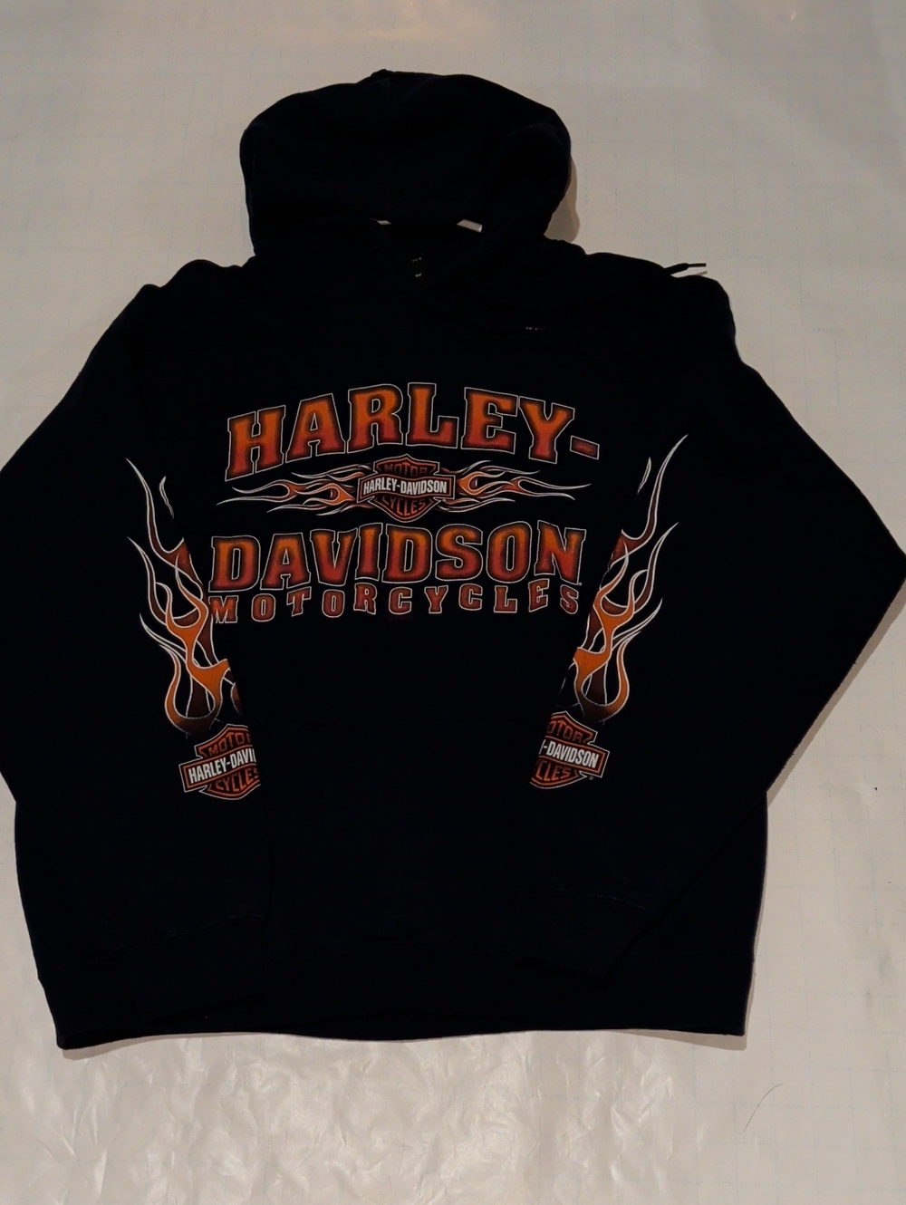 Harley-Davidson Navy Blue Pullover Hoodie with Orange Flame Graphics